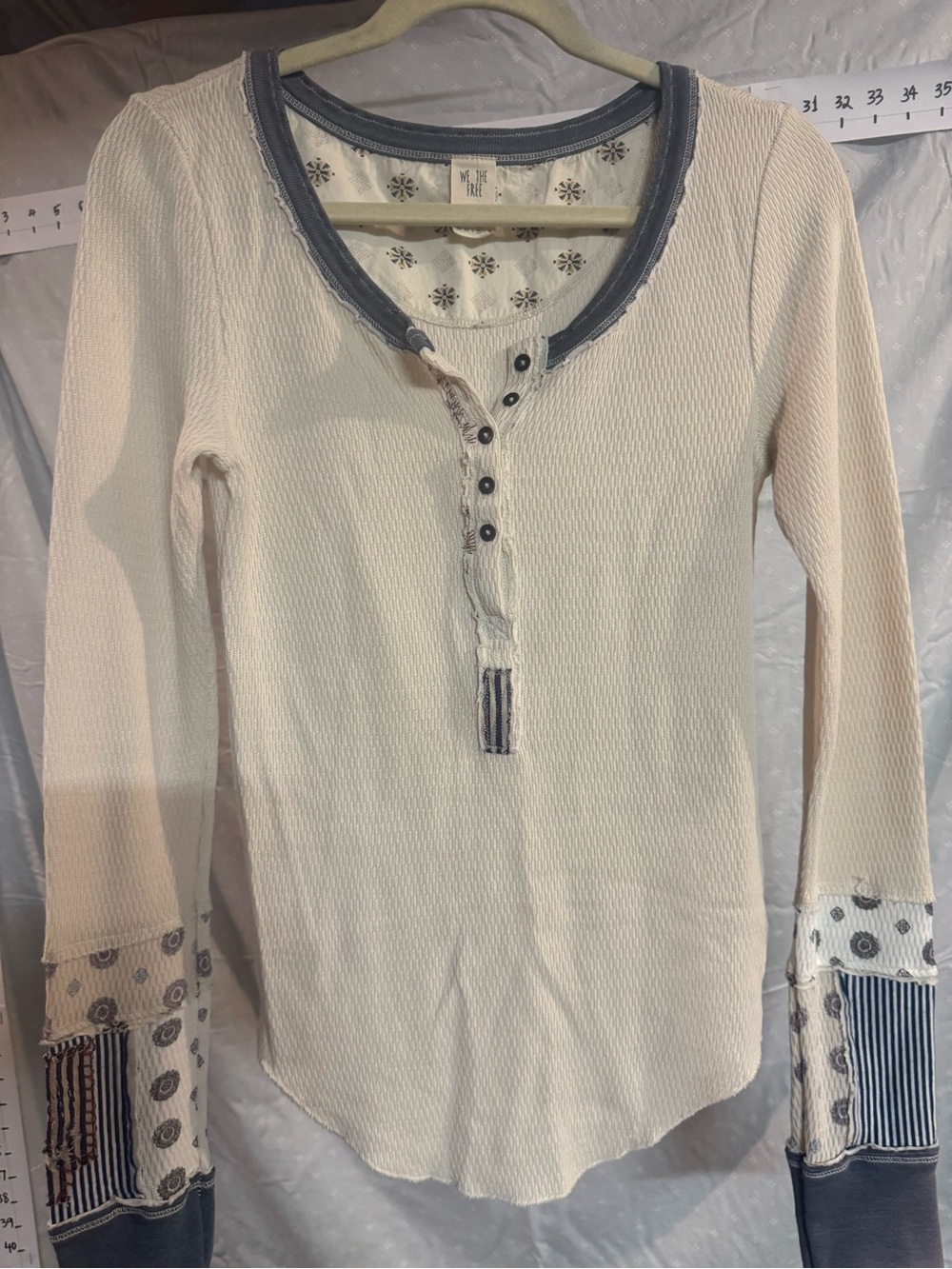 We The Free Cream Top with Navy Trim and Mustard Accents